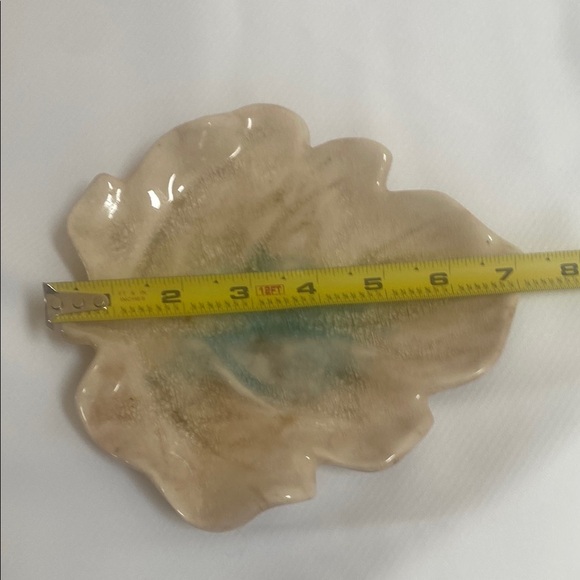 Vietnam Handmade Ceramic Geode Pottery Trinket Dish Crackled Leaf Taupe Aqua Grn - Picture 5 of 5